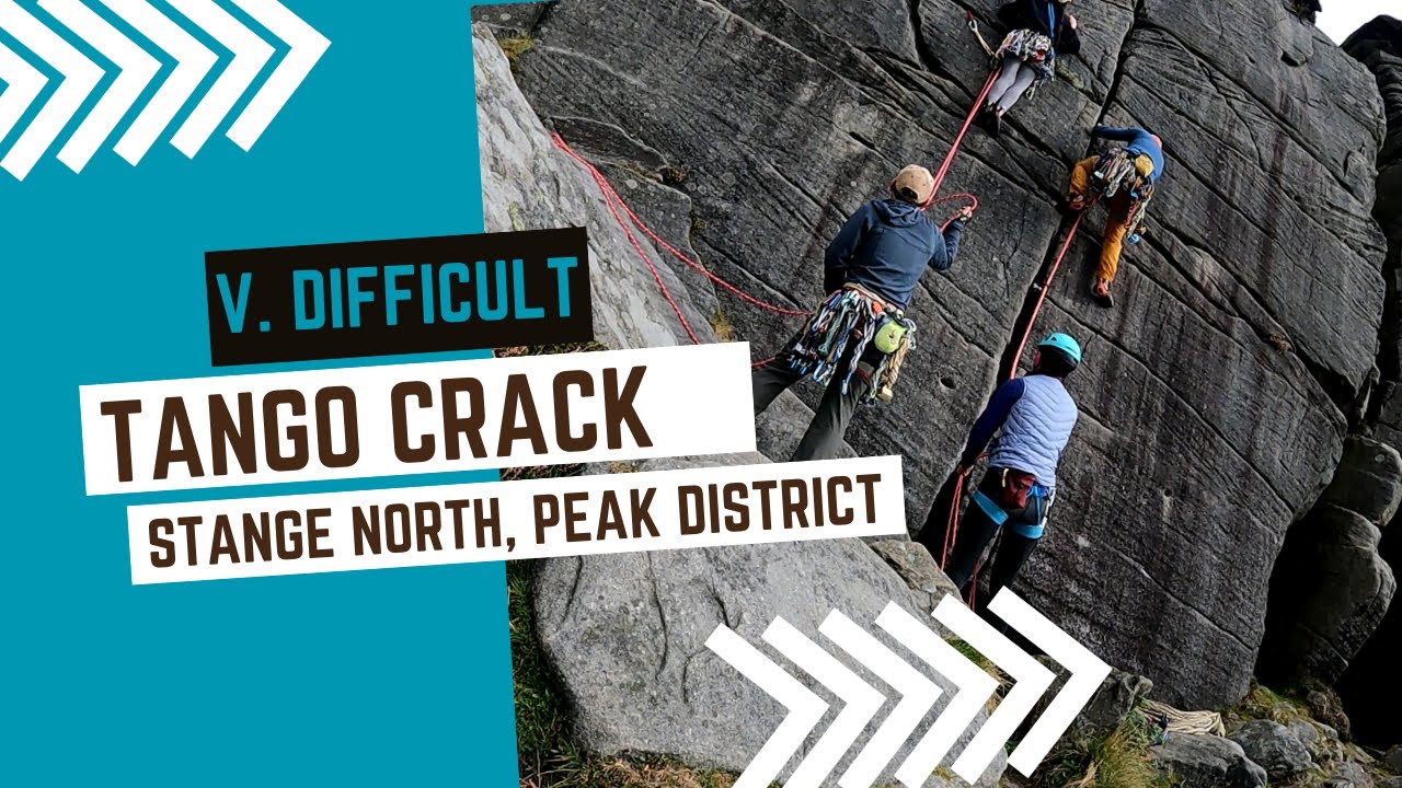 Trad climbing in Peak District Tango Crack V. Difficult Stanage