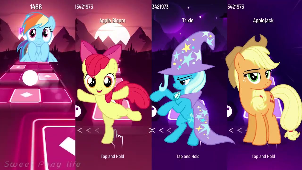 🦄My Little Pony : Rainbow Dash vs Apple Bloom vs Trixie vs Applejack in Tiles Hop EDM