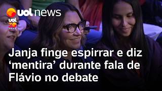 Janja pretends to sneeze and says 'liar' during Flávio Bolsonaro's speech at the Band debate