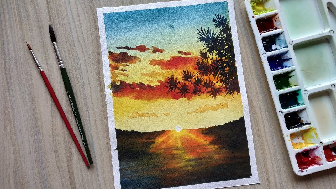 Watercolor painting of beautiful sunset cloud landscape step by step