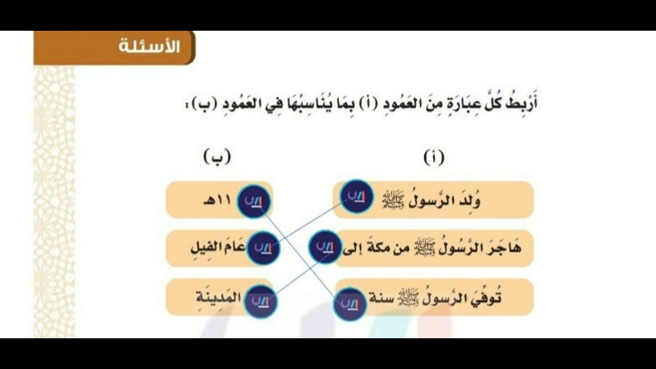 أربط كل عبارة من العمود أ بما يناسبها بالعمود ب ولد الرسول صلى الله عليه وسلم