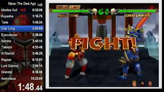 Mace: The Dark Age speedrun in 9:28 w/ Lord Deimos
Done on the 13th. PBs after the 10:35 were 10:22, 9:59 and this 9:28 with the latter two coming in just one stream within a space of around 90 mins. Unfortunately here Koyasha and Ragnar both went horribly despite being some of the easier opponents but I nailed most of the difficult opponents very quickly such as Takeshi, Lord Deimos and Grendal. It would certainly be a grind to lower this time which I wouldve liked to do but I think its best to play around with other characters for a while and see what their possibilities are. Mace: The Dark Age speedrun in 9:28 w/ Lord Deimos