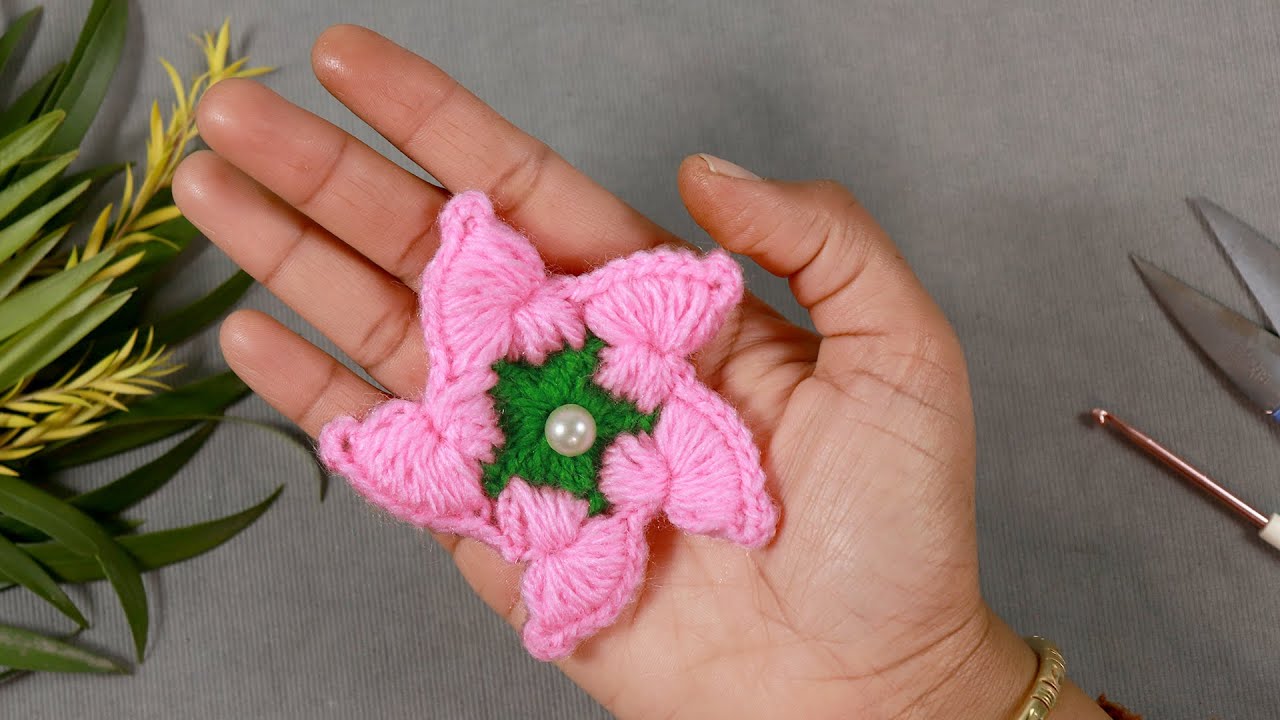Easy Crochet Flower Tutorial 🌸 | Beautiful 5-Petal Flower with Pearl | Beginner Friendly