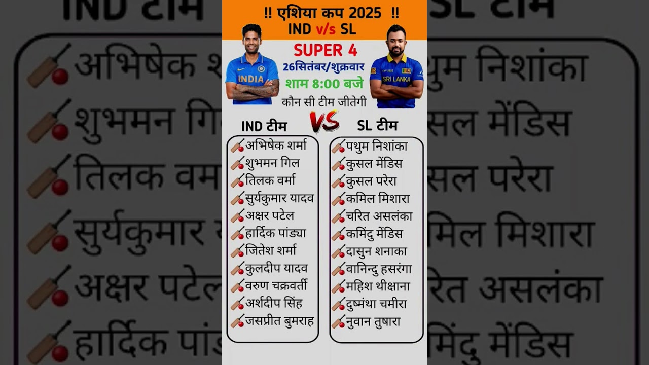 IND vs SL Asia Cup 2025 Super 4 Match | 26 September | 