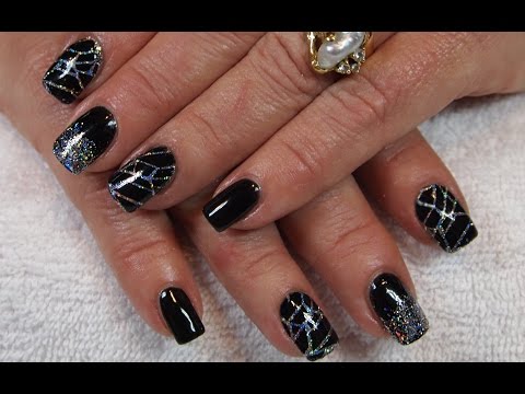 Stunning Black Gel Nails with Holo Silver Glitter &amp; Stamping