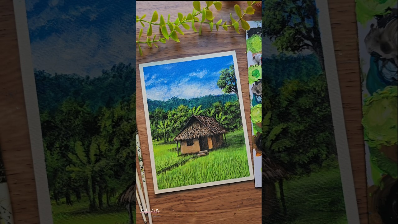 Simple village scenery Acrylic painting tutorial💙🌿 