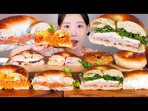 990원 수제 화덕베이글 샌드위치 먹방🥯 당근라페, 잠봉뵈르, 연어 차지키, 앙버터, 크림치즈, 크림브렐레 Bagel [eating show] mukbang korean food