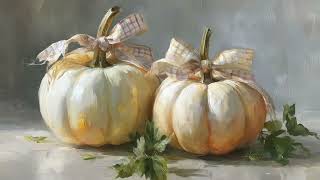 White Pumpkin Oil Paintings | Soft Fall Still Life with Gingham Bows | 4K TV Art | 2 Hours screenshot 4