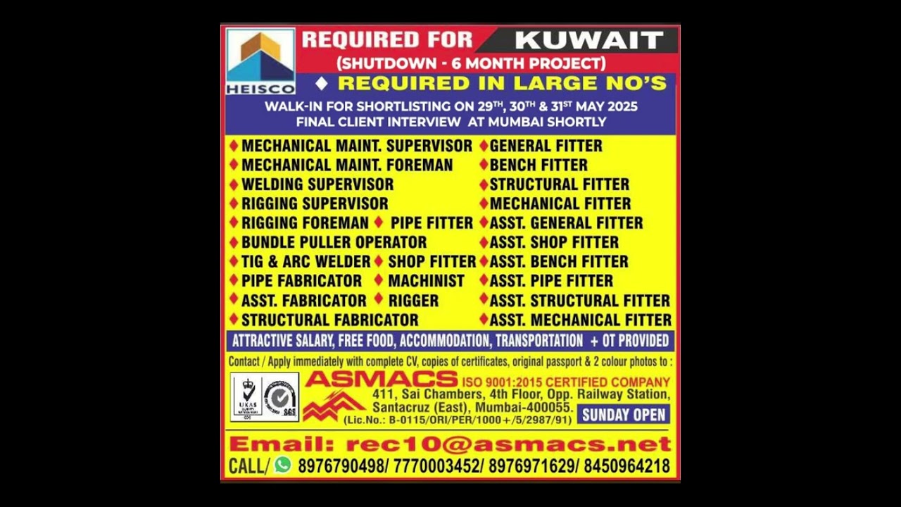 30-May-2025 Interview | Gulf Job Urgent Vacancy | Saudi, Qatar, Oman, Kuwait, Bahrain, Dubai, Aramco