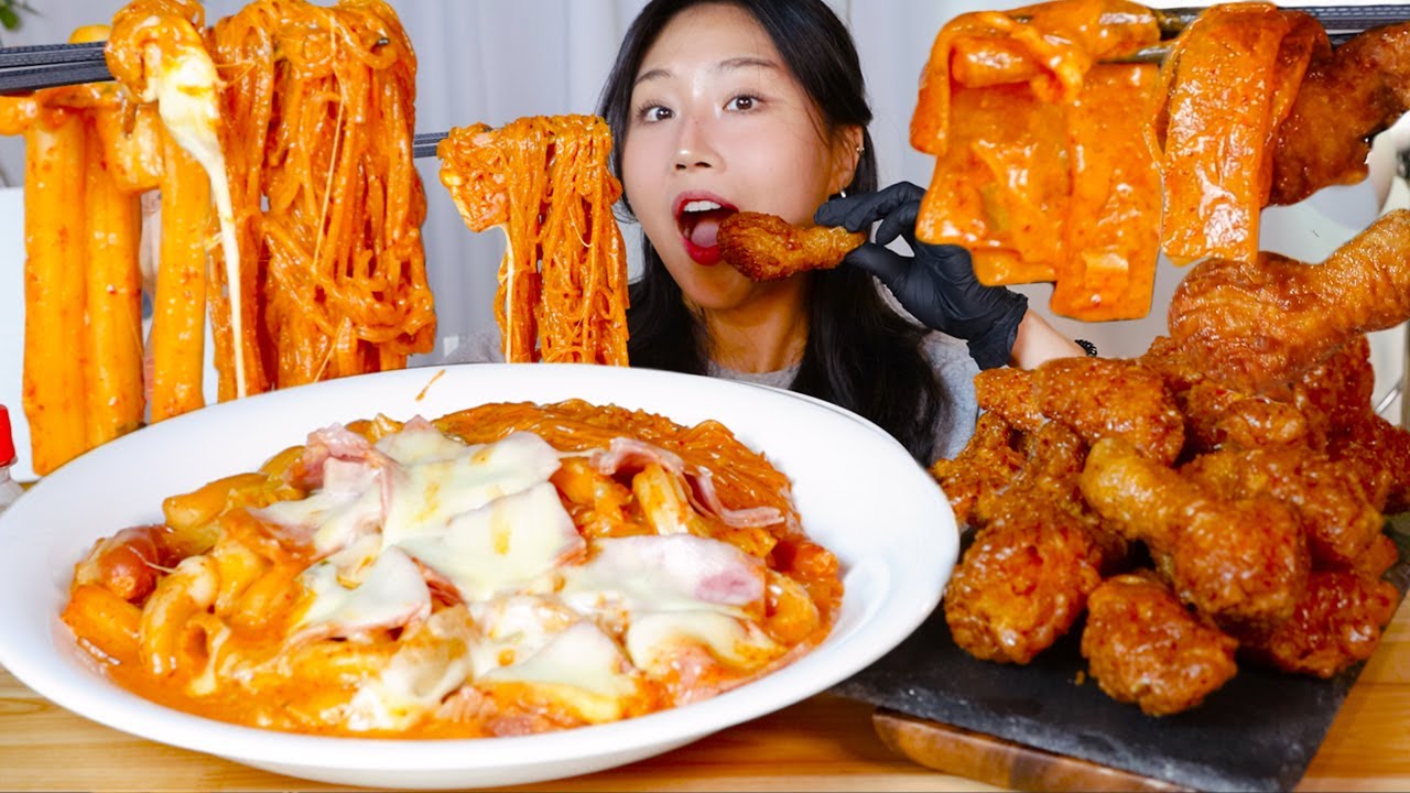 MUKBANG) 로제엽떡 당면볶이x허니콤보 먹방🍗💗 유튜브 국룰조합,,, 떡볶이 Rose tteokbokki & honey fried chicken asmr eating