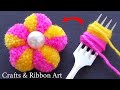 Amazing Pom Pom Flower Making Idea with Fork - Hand Embroidery Flower Design - DIY Woolen Flowers