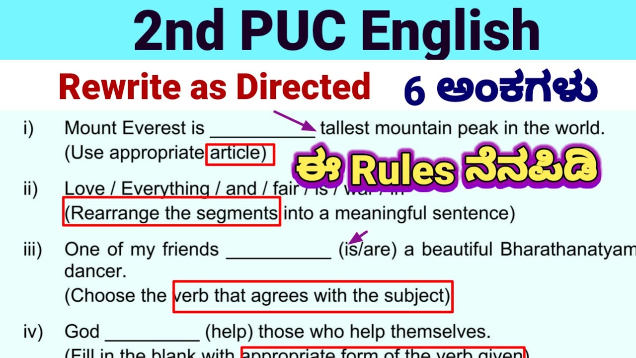 2nd PUC Rewrite as Directed Grammar Questions Important Questions Midterm Preparatory Annual Exam