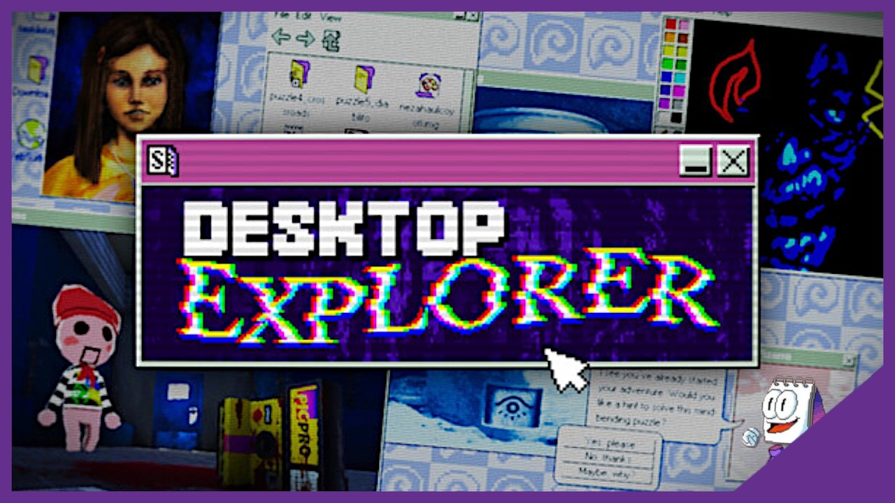 Desktop Explorer - demo menunjukkan tampilan desktop dengan ikon-ikon file rusak dan program yang aneh