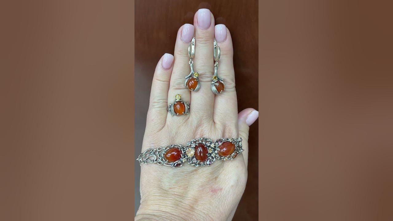 Жуки и цветочная поляна- СЕРДОЛИК в серебре! Браслет, кольцо и серьги ...