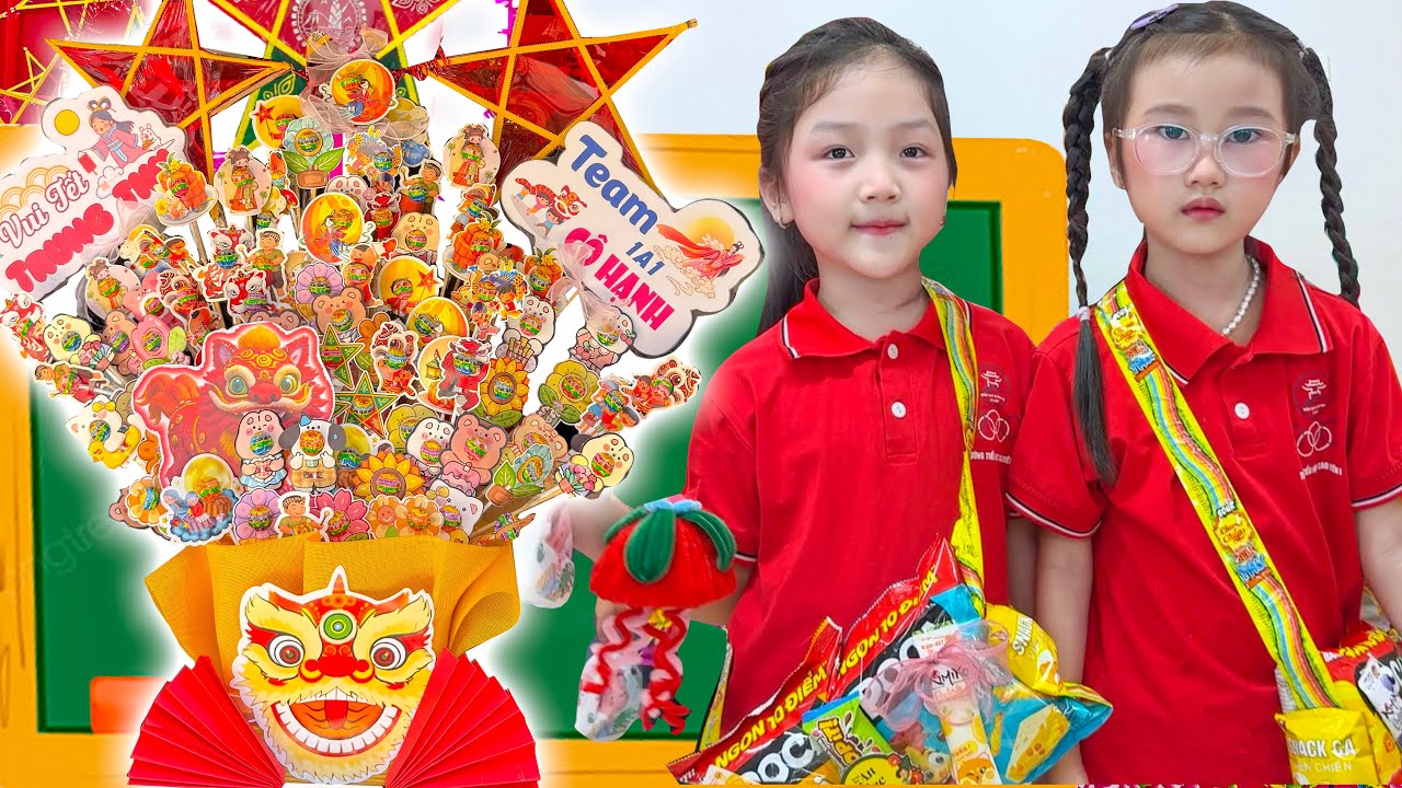 Cam Cam bất ngờ tổ chức trung thu tại lớp, tự làm giỏ hoa kẹo mút và túi xách bim bim.