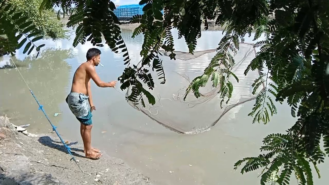 Smart boy fishing from village canal     Village Fishing