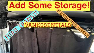 Van essentials overhead shelf and curtain rod installation on a 2020 Ford Transit mid roof