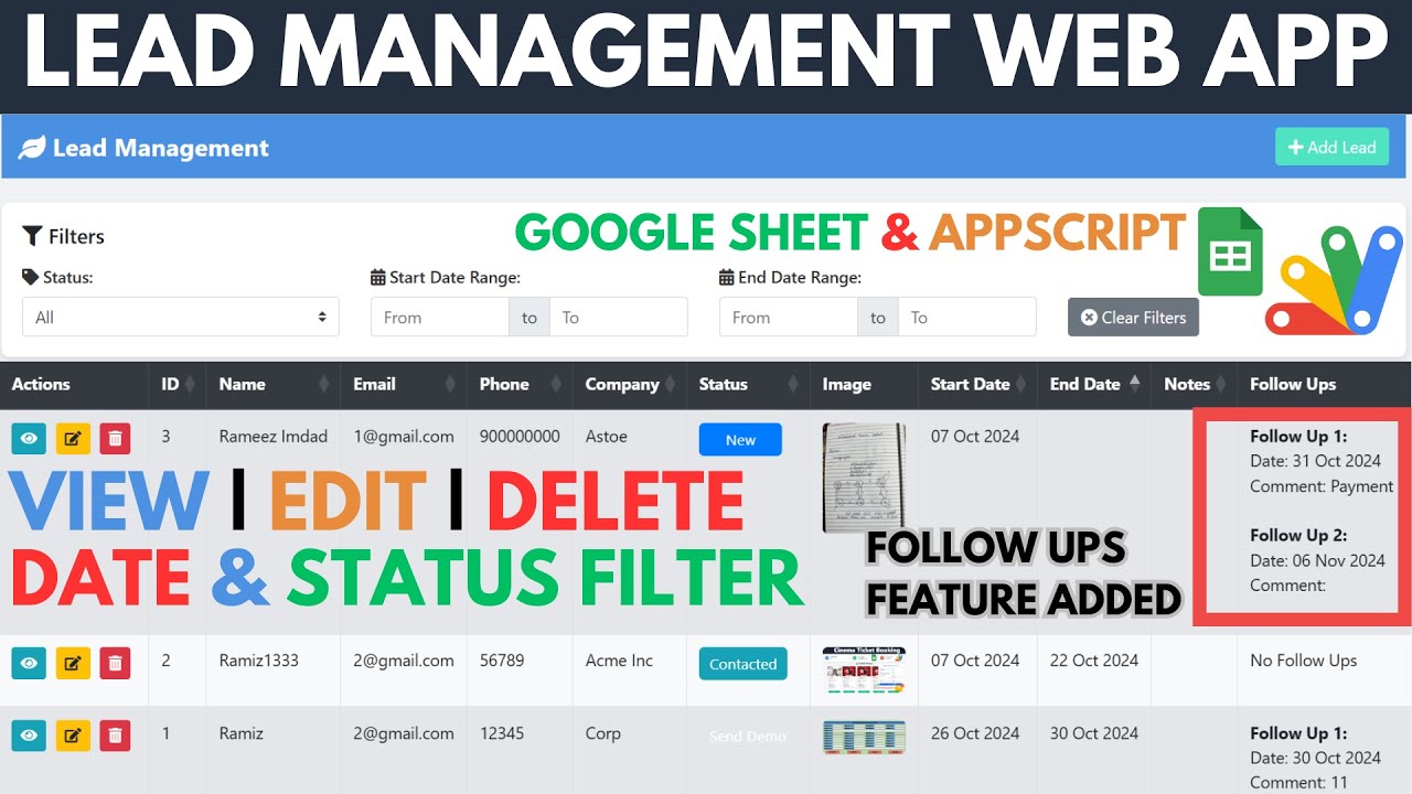 Lead Management Web App with Follow Ups Using #googlesheet & # ...