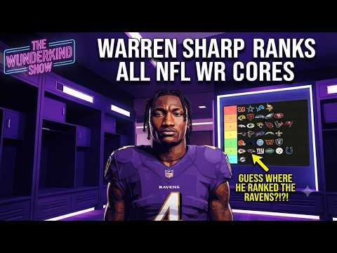 T-Shirt, Lighting, Purple. Text: THE WARREN SHARP RANKS WUNDERKIND SHOW ALL NFL WR CORES GUESS WHERE RAVENS НЕ RANKED THE RAVENS?!?!
