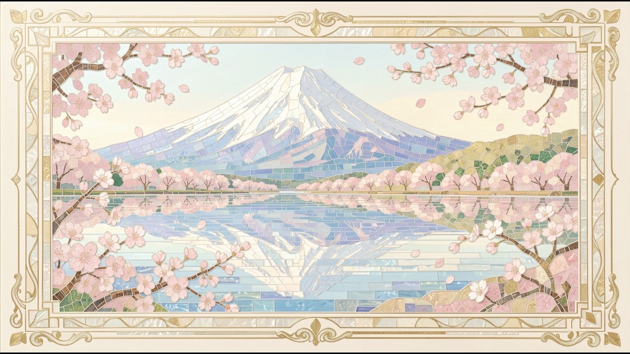 Pastel decorative mosaic spring Mount Fuji and lake frame tv art 4k with music | tv screensaver
