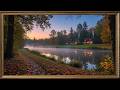 Cozy Autumn Lakeside Cabins at Sunset, Peaceful Fall Scene | Gold Framed TV Art Screensaver