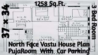 37×34 House Design,3Bhk With CarParking,37×34 Ghar KaNaksha,NorthFace Vastu HousePlan,Makan KaNaksha