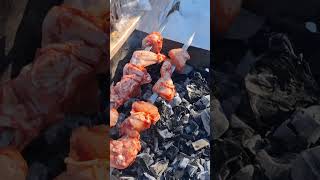 Cheken kebab in Snowy winter day cooking chickenkebabs
