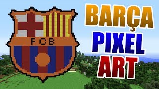 Pixel art logo of the football club fc barcelona. made out coloured
wool and gold blocks.