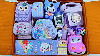Unboxing Modern Purple Stationery , Pencil Box, Bt21 Pouch, Piggy Bank, Eraser, Sharpener, Geometry