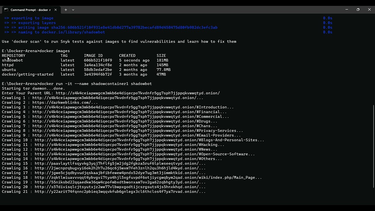 Dark Web Crawler launching with Docker | ShadowShell | Kavach2023