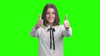 Cute Girl Shows Two Thumbs Up Green Screen Hromakey Background For Keying 4K