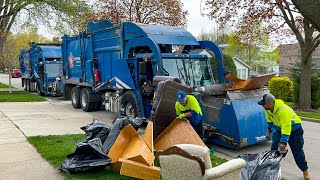 Republic Services Tag Teaming Front Loader Garbage Trucks Packing Bulk at the Spring Cleanup
