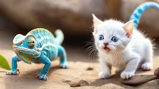 Kitten and Chameleon playing together