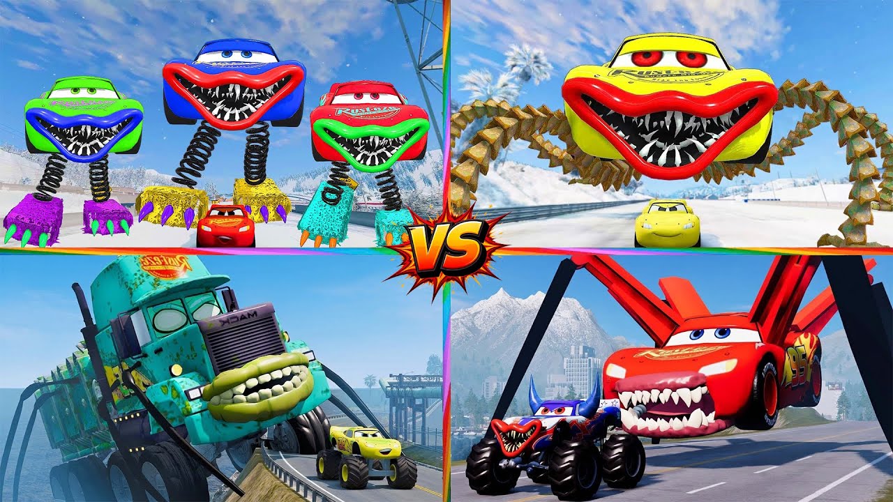 Concrete Pump Truck 🚧 Bouncy Monster McQueen 🆚️ Police Car Eater 🆚️ Ambulance Monster – Tiles Hop! 🎶
