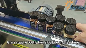 #Automatic adhesive two side labeling machine, #Glass square bottle double side #labeler equipment
