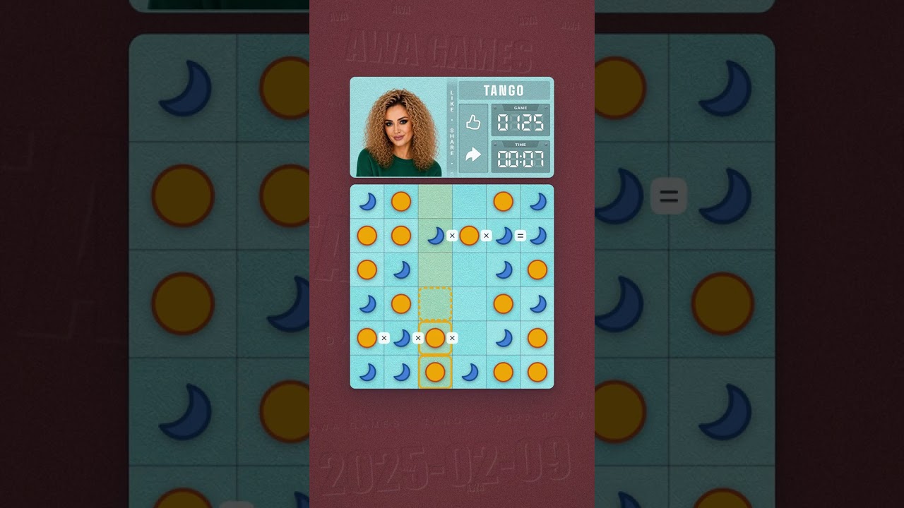 LinkedIn Tango #125 solved board for February 9, 2025, 6x6 grid