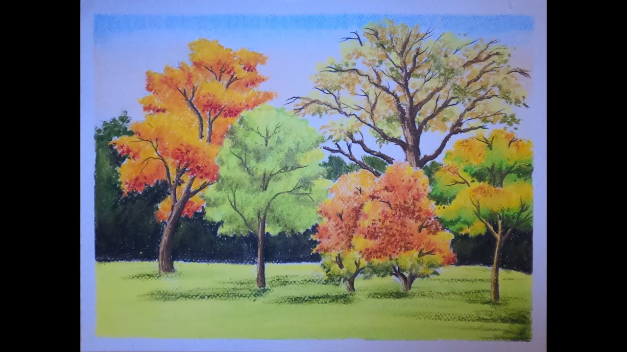 How to draw Autumn season landscape | Drawing fall color of Trees | Oil