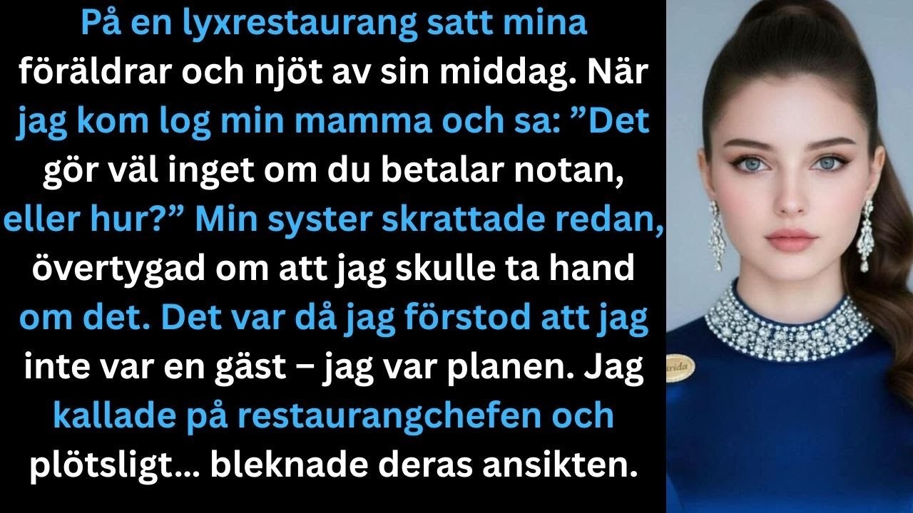 Klockan var halv nio när jag klev in på restaurangen. Mamma log. "Åh, där är du. Du har väl inget emot att ta notan?" Emily skrattade utan att ens titta upp från telefonen. Tallrikarna framför dem...