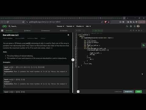 Row with Max 1s | GFG Solution in C++ | Optimal O(n+m) Approach | GeeksforGeeks