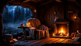 Rain in Wooden Cabin with Fireplace | Deep Sleep Background Sounds with Rain on window