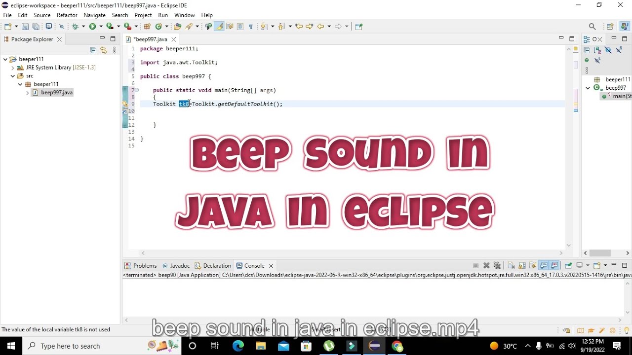 how to produce beep sound in java in eclipse | beep in eclipse - YouTube