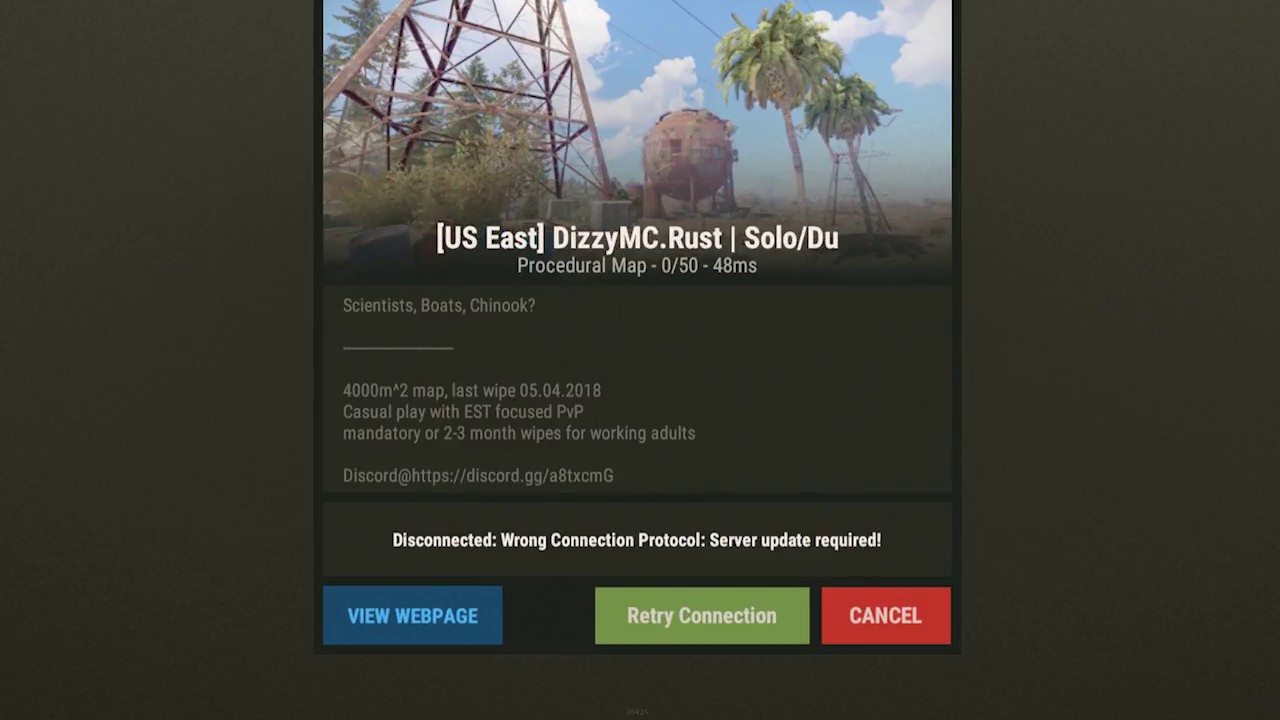 Disconnected wrong connection protocol server update required