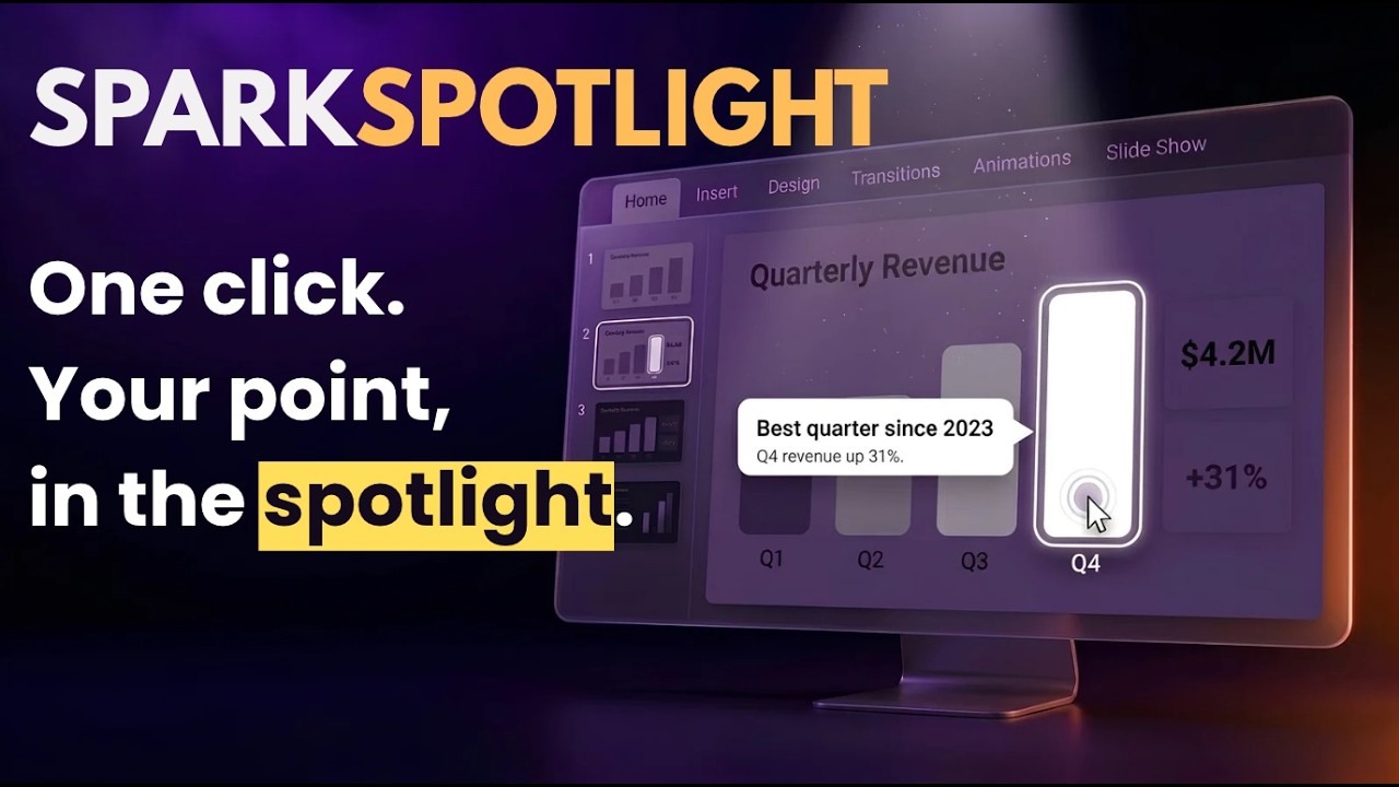 SparkSpotlight demo video: spotlights on a team photo, a process, a business review and an app tour