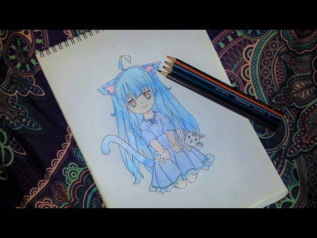 Anime Girl Drawing with Cat Ears · Creative Fabrica