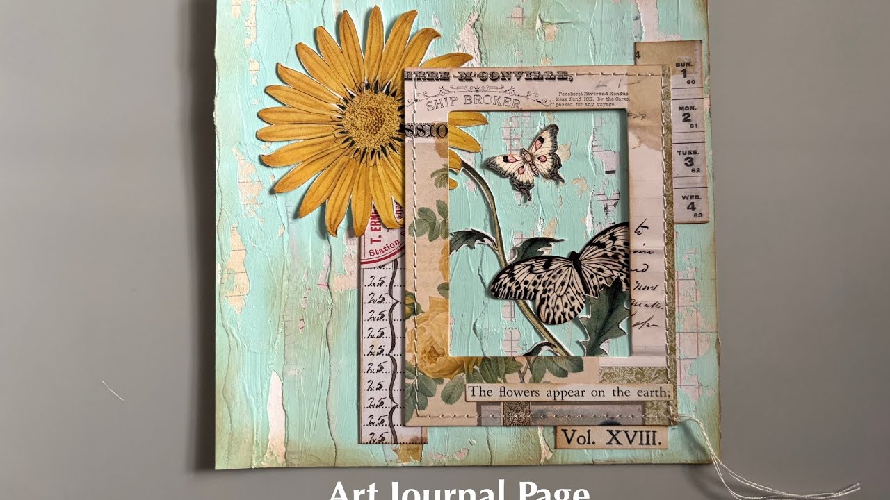 Mixed media art journal page using collage papers, ephemera, and acrylic paints.