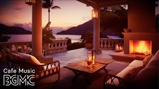 Smooth Jazz Instrumental & Crackling Fireplace ☕ Warm Jazz Music with Evening Seaside Ambience