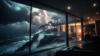 Storm Pressure on Glass 🌧️⚡ Ocean Thunder at Cliffside House (3 Hours Sleep Sounds)
