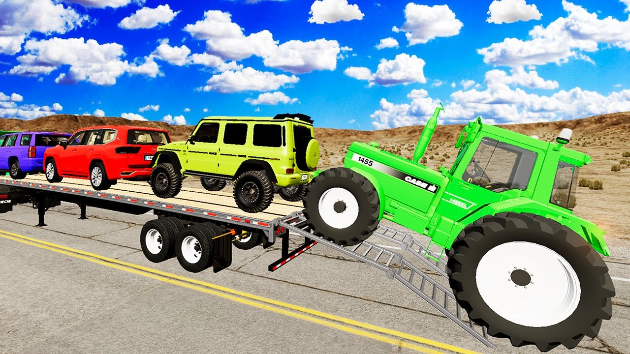 TRANSPORTING PIXAR CARS & FRUITS WITH COLORED & JOHN DEERE vs CLAAS vs TRACTORS - BeamNG.drive