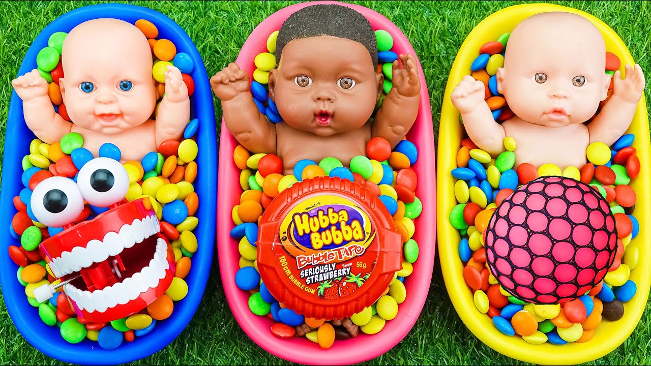 Full of 3 Rainbow BathTubs Candy with M&M's & Magic Slime Cutting Video