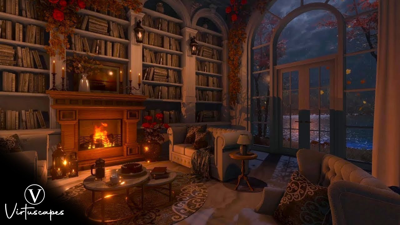 Autumn Library | Night Ambience | Fireplace, Lake, Forest Nature, Rain & Thunderstorm Sounds